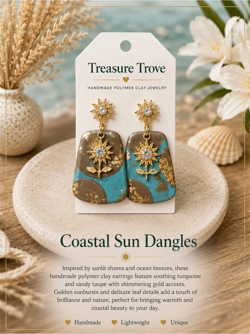 Treasure Trove Coastal Sun Dangle Earrings - Turquoise & Taupe